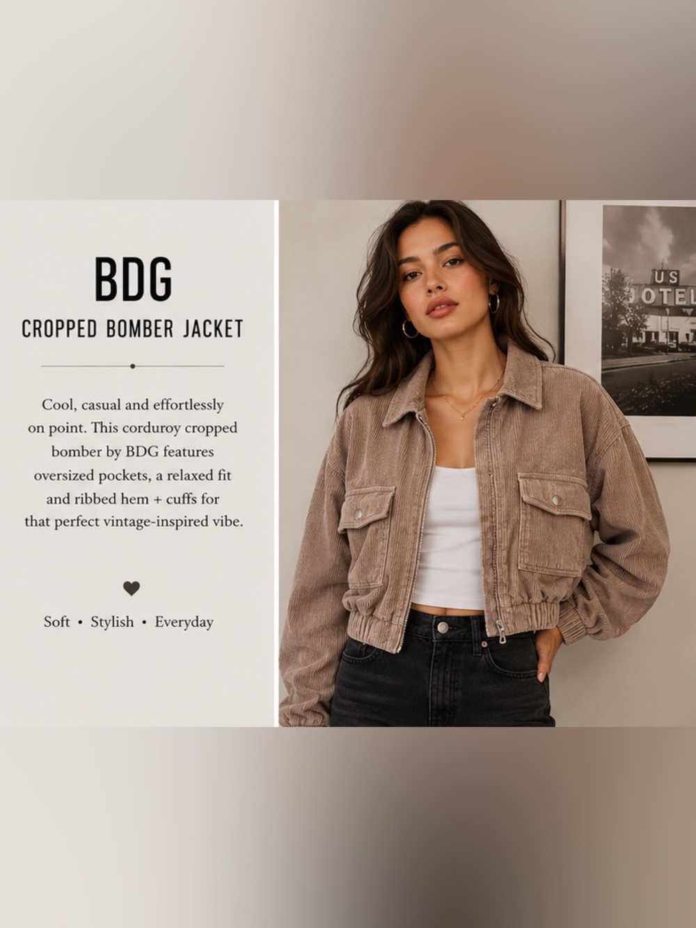 ✨BDG Urban Outfitters Cropped Corduroy Bomber Jacket • Taupe Beige✨